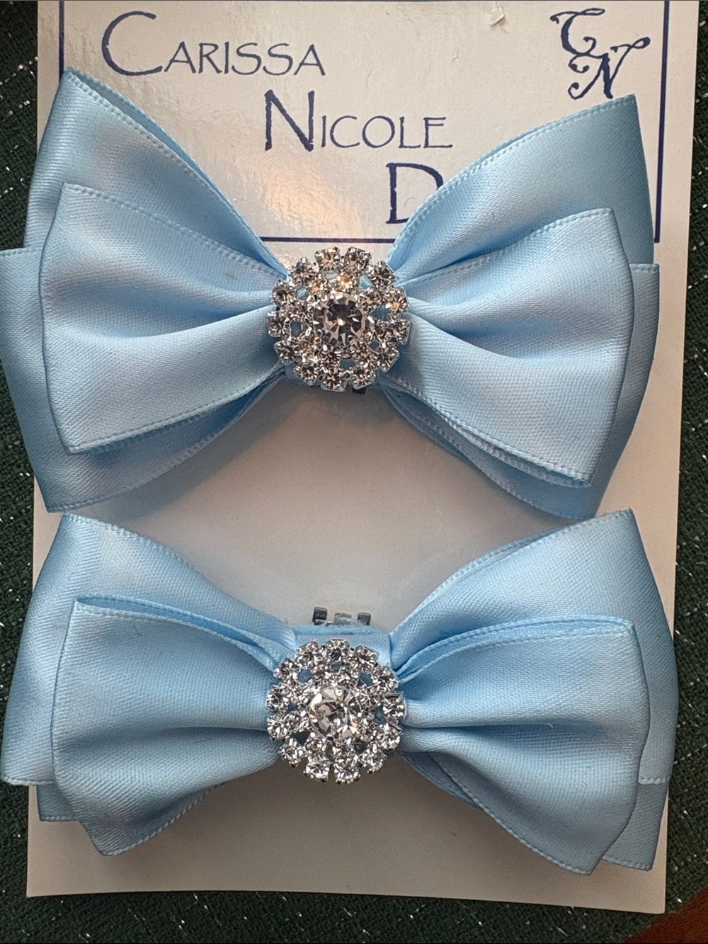 Light Blue Satin Bow Hair Clips with Rhinestone Center